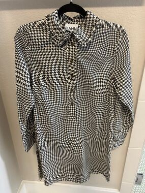 Ganni Black & White Houndstooth Shirt Dress